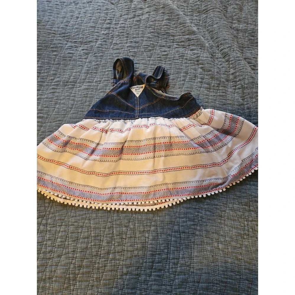 OshKosh B'gosh Kids Denim Overalls Dress Striped Skirt White Red Blue 18-24month
